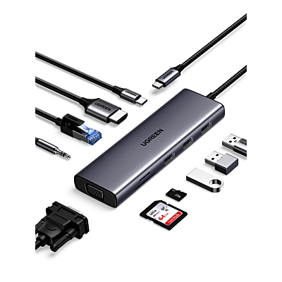 15601 Hub USB-C 10 en 1 / HDMI 4K@30Hz + VGA 1920x1200 / 3x USB 3.0 5Gbps / Ethernet Gigabit / SD/TF Card Reader / PD 100W / Audio 3.5mm / Doble Pantalla Simultánea / Plug & Play Universal