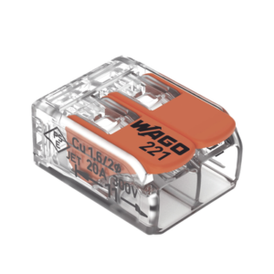 221-412 Borna de Conexión / Serie 221 / Palancas Naranja / 2 Conductores 4 mm² / Carcasa Transparente / 300V 20A / T85 / UL ENEC Certificado