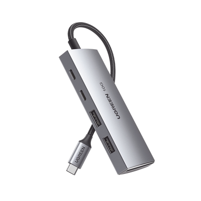 30758 HUB USB-C 3.2 4 en 1 | 2 Puertos USB-C 3.2 (10 Gbps) | 2 Puertos USB-A 3.2 (10 Gbps) | Admite OTG | Compatible con MacBook, Chormebook, iMac, iPad Pro, iOS, Windows, Mac OS, Android | Carcasa de Aluminio | Nylon Trenzado.