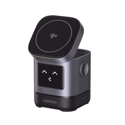 45775 Cargador Inalámbrico Robot 2 en 1 UGREEN Qi2 / 15W Ultra Rápido para iPhone / 5W para AirPods / Pantalla Inteligente con Expresiones / Imanes N48H / Puerto USB-C 5W para Apple Watch / Compatibilidad MPP