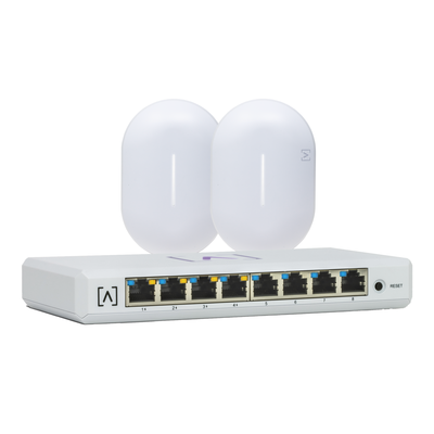 alta-s8-kit Kit de lanzamiento Alta Labs: Incluye 1 Switch PoE S8-POE / 2 Puntos de Acceso WiFi 6 AP6-PRO / Bloqueo de Contenido / Administración en la Nube/App Gratuita / Compatible con la plataforma Purple