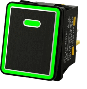 Interruptor tipo Switch con Led Color Verde / IP65 / Diseño Industrial con panel de Aluminio / NO, COM, NC / Terminales tipo F1