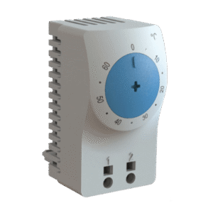 Termostato/Interruptor Para Control de Temperatura en Grados Celsius, Para Uso con Ventiladores, Con Terminales de Conexión, y Clip para Riel Din de 35 mm, Color Gris Claro