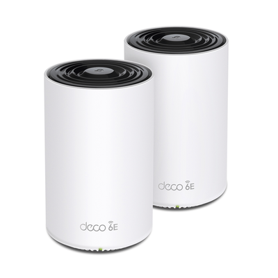 decoxe75-2pack Kit 2 Routers Inalámbricos MESH Interior para Hogar / Doble Banda Wi-Fi 6E AX5400 Mbps / 3 Puerto Gigabit WAN/LAN / 4 Antenas Internas / Administración Mediante la App Deco (iOS, Android) / Protección HomeShield