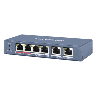 ds-3e0106hp-e Switch PoE+ / No Administrable / 3 Puertos 10/100 Mbps 802.3 af/at (30 W) + 1 Puerto 10/100 Mbps Hi-PoE (60 W) / 2 Puertos 10/100 Mbps Uplink / Modo Extendido hasta 300 Metros / 60 W