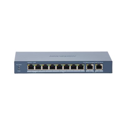 ds-3e0310hp-ec Switch PoE+ / No Administrable / 7 Puertos 10/100 Mbps 802.3 af/at (30 W) / 1 Puerto 10/100 Mbps Hi-PoE (90 W) / 2 Puertos 1000 Mbps Uplink / Modo Extendido hasta 300 Metros / 110 Watts