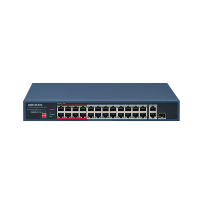 ds-3e0326p-e-mc Switch PoE+ / No Administrable / 24 Puertos 10/100 Mbps PoE+ / 2 Puertos 1000 Mbps Uplink / 1 Puerto SFP Uplink / Modo Extendido hasta 300 Metros / 230 W