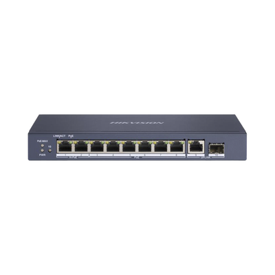 ds-3e0510hp-e Switch PoE+ / No Administrable / 7 Puertos 1000 Mbps 802.3 af/at (30 W) / 2 Puertos 1000 Mbps Hi-PoE (90 W) / 1 Puertos 1000 Mbps Uplink / 1 Puerto SFP / Modo Extendido hasta 300 Metros / 110 Watts