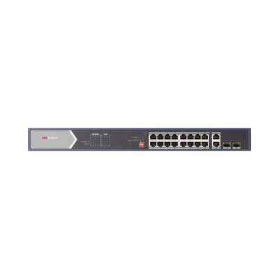 ds-3e0520hp-e Switch Gigabit PoE+ / No Administrable / 16 Puertos 1000 Mbps PoE+ (4 Puertos PoE++ 90 W) / 2 Puertos 1000 Mbps Uplink + 2 Puertos SFP de Uplink / Modo Extendido hasta 300 Metros / 225 W
