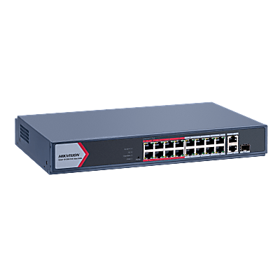 ds-3e1318p-ei-m Switch PoE+ / No Administrable / 16 Puertos 10/100 Mbps PoE+ / 2 Puertos 1000 Mbps Uplink / 1 Puerto SFP Uplink / Modo Extendido hasta 300 Metros / 130 W