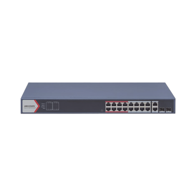 ds-3e1318p-eib Switch PoE+ / Monitoreable / 16 puertos 10/100 Mbps PoE+ / 2 Puertos 1000 Mbps Uplink / 2 Puertos SFP de Uplink / Configuración Nube Hik-Partner Pro / Modo Extendido hasta 300 metros / 230 W