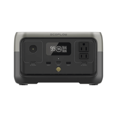 efr600 EcoFlow River 2 | Estación de Energía Portátil 256Wh Litio LFP / 2 AC 300 W (Max. 600W) / 1 USB-C 60W / 2 USB -A 12W / Cargador de Coche 8A a 12 o 24V / Conectividad WiFi y Bluetooth (App) / Carga Solar 110W Max.