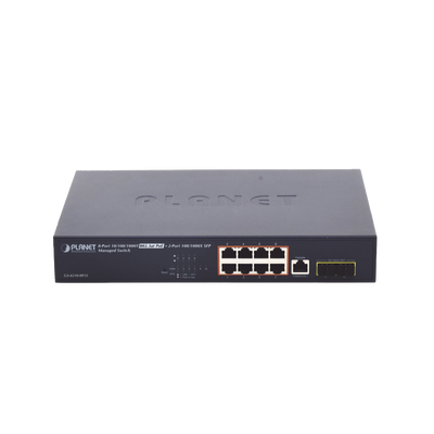 gs-4210-8p2s Switch Administrable Capa 2, 8 Puertos PoE 802.3af/at Gigabit, 140 W Max, 2 Puertos SFP, Modo Extendido Hasta 250 m, Soporta Administración en Nube CloudNMS ( HW Rev. 3.0 en Adelante).