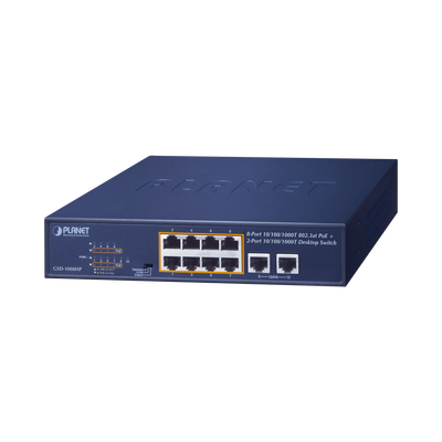 gsd-1008hp Switch de Escritorio No Administrable / 8 Puertos 10/100/1000T PoE+ 802.3at / 2 Puertos Uplink 10/100/1000T / Presupuesto PoE 120 Watts / Modos Estándar, VLAN y Extend / Distancia Extendida 250 mts / Rackeable