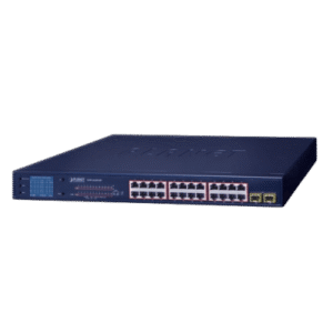 gsw-2620vhp Switch PoE de 24 Puertos Gigabit 802.3af/at con Modo Extendido 250 m, 2 Puertos SFP 1000SX , Pantalla LCD para Configuración Básica, Hasta 300 W para PoE