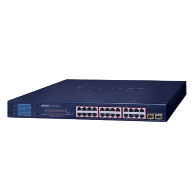 gsw-2620vhp Switch PoE de 24 Puertos Gigabit 802.3af/at con Modo Extendido 250 m, 2 Puertos SFP 1000SX , Pantalla LCD para Configuración Básica, Hasta 300 W para PoE