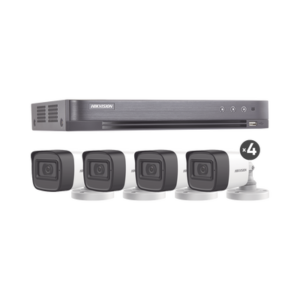 hik5mpslq-kitb (MICRÓFONO INTEGRADO) KIT TURBOHD 5 Megapixel / DVR 4 Canales / 4 Cámaras Bala con Micrófono Integrado (exterior 2.8 mm) / Fuente de Poder / Accesorios de Instalación
