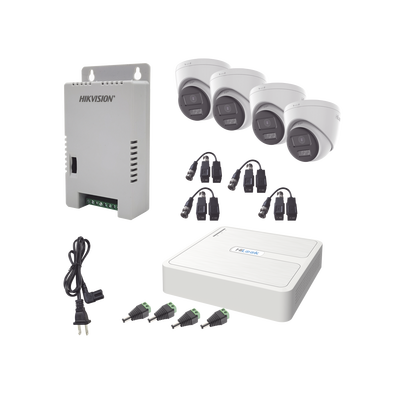 hl-1080p-4e-twa Kit HiLook Audio Bidireccional TurboHD 1080p / DVR 4 Canales / 4 Cámaras Eyeball (Exterior) con Bocina y Microfóno Integrado / 1 Fuente de Poder / Accesorios