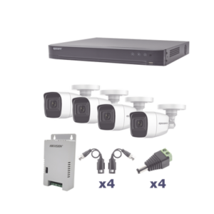 kevtx8t4bw-a KIT TurboHD 1080p / DVR 4 Canales / 4 Cámaras Bala Policarbonato con Audio Integrado (exterior 2.8 mm) / Transceptores / Conectores / Fuente de Poder Profesional