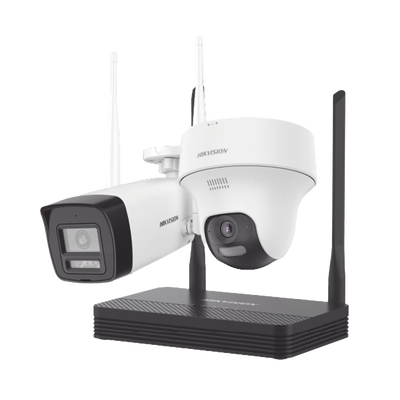 nks424w02h Kit IP Inalámbrico 4 Megapixel / NVS 4 Canales / 1 Cámara Bala Exterior + 1 Cámara Turret Interior con Lente 2.8 mm y Dual Light / Audio Bidireccional (Micrófono y Bocina) / Soporta Micro SD de 512 GB