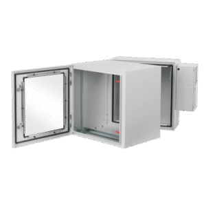 Gabinete Industrial ProTek de Puerta con Ventana, Con Aire Acondicionado de 800 BTU, Protección NEMA Tipo 4/12; IP66; IK10, Abatible, Fabricado en Acero, 19 UR, Color Gris Claro