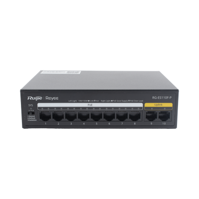 rg-es110f-p Switch PoE+ no Administrable, Hasta 110 Watts, 8 puertos PoE+ y 2 Uplinks 10/100