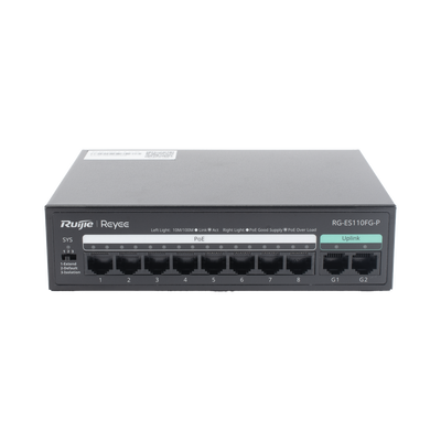 rg-es110fg-p Switch PoE+ no Administrable, hasta 110 Watts, 8 puertos PoE+ 10/100 y 2 Uplinks Gigabit 1G