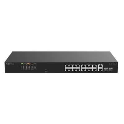 rg-es118fgs-lp Switch PoE+ no Administrable, Hasta 120 Watts, Ideal para CCTV, 16 Puertos PoE +10/100, 2 Uplinks Gigabit y 2 SFP COMBO