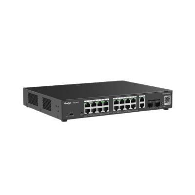 rg-es220gs-p Switch L2 Administrable PoE con 16 puertos Gigabit PoE 802.3af/at + 2 SFP para fibra 1Gb, gestión gratuita desde la nube, 240w