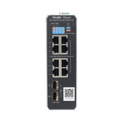 rg-nis2100-8gt2sfp-hp Switch Industrial PoE+ hasta 300 watts , Ideal para temperaturas Extremas y protección contra descargas, 1 puerto PoE++ 60W y 7 puertos PoE+ 30W, 2 SFP Uplink