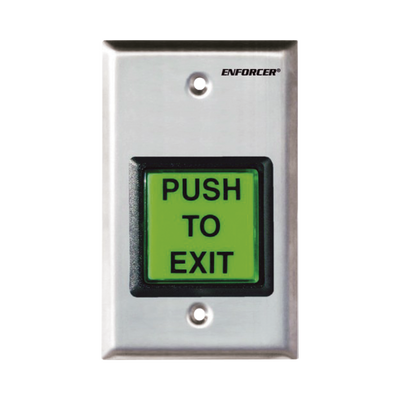 sd-7202gc-peq Botón de Salida / Con Iluminación / Con Placa de Pared de Acero Inoxidable / IP65 / Voltaje 12 / 24 Vcd / Mensaje de Idioma Intercambiable / 3 Placas de Idioma Incluidas