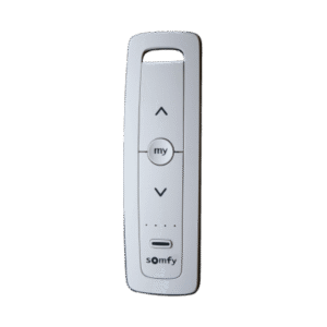 Control remoto 5 canales para motores de persiana Somfy con señal inalámbrica, instrucciones: sube, baja y detener, con posición favorita programada.