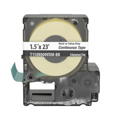 t150x000vxm-bk Casete de Etiquetas de Vinilo de Cinta Continua, Color Negro Sobre Amarillo, Uso Interior/Exterior, 36 mm de Ancho x 7 Metros (22.97 Pies) de Largo