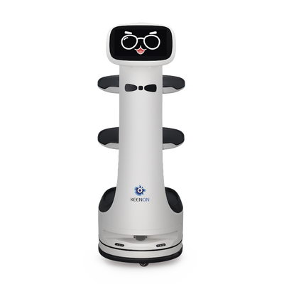 t8ls Robot de Entrega Dinerbot T8 / Compacto 38.4x46.8x111.1 cm (15.1x18.4x43.7 in) / Velocidad 1.0 m/s / Pantalla Táctil 10.1" / 3 Capas / Capacidad 20 kg (44 lbs) / Batería 15-18 Horas