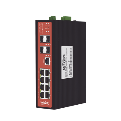 wipms312gfiv2 Switch Industrial administrable PoE, puerto 1-2 PoE 24/48. puertos 3-8 puertos 802.3 af/at/bt, hasta 60 W