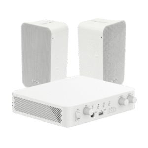 Kit de amplificador con bluetooth | 2 altavoces para pared | Sistema 100V |  2 Canales con Control de volumen Independiente |  Música Ambiental