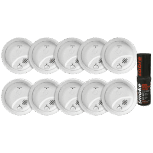 Kit de 10 Detectores de Humo Autónomos FIRST ALERT por Ionización / Alarma 85 dB / Botón Prueba y Silencio / Probador SABRE SDI